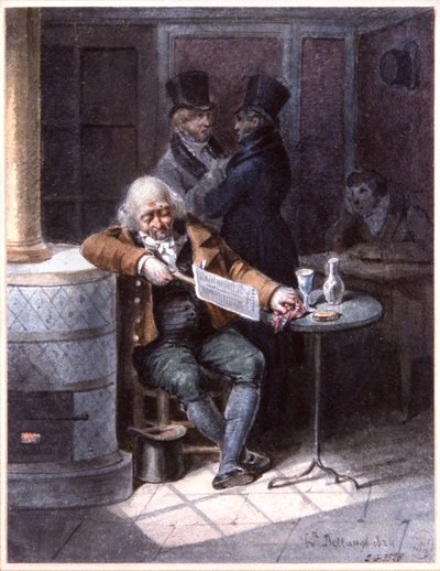 Gammel mand læser avis på en cafe, Paris af Joseph Louis Hippolyte Bellange