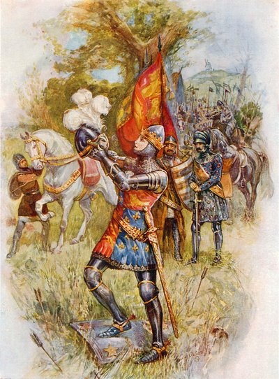 Edward, den sorte prins, i slaget ved Crecy (farvelitografi) af Joseph (after) Finnemore