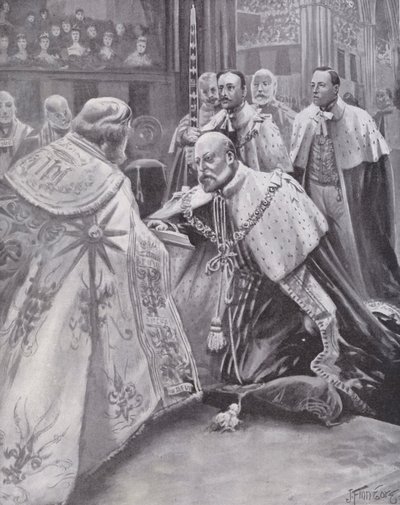 Kong Edward VII aflægger ed ved hans kroning, Westminster Abbey, London af Joseph (after) Finnemore