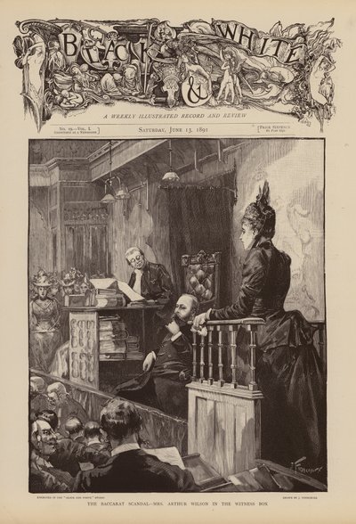Fru Arthur Wilson vidner under retssagen om Baccarat-skandalen (kobberstik) af Joseph (after) Finnemore