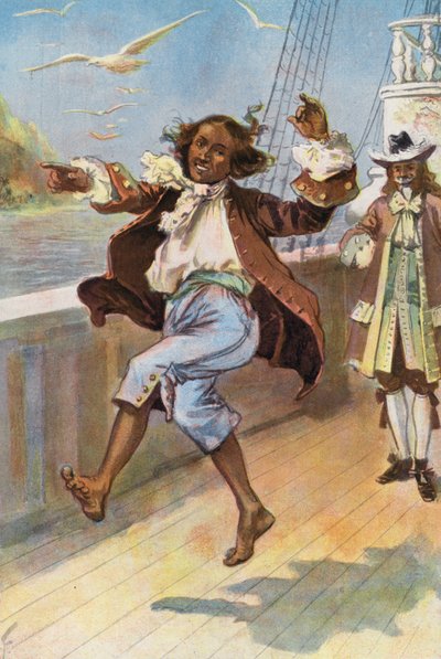 Robinson Crusoe: Fredag dansede og kaprede (farve litho) af Joseph (after) Finnemore
