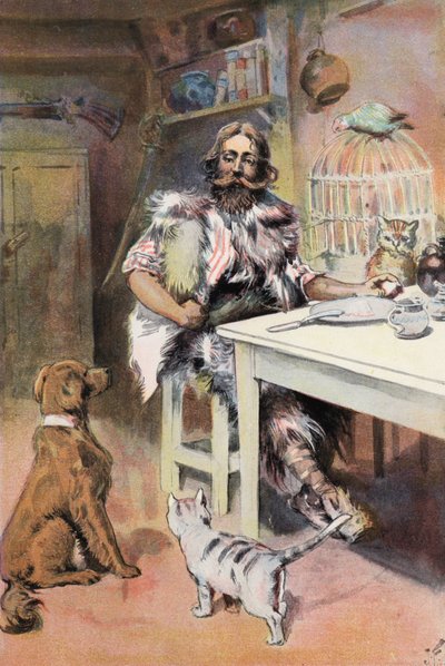 Robinson Crusoe: Jeg er som en konge (farve litho) af Joseph (after) Finnemore