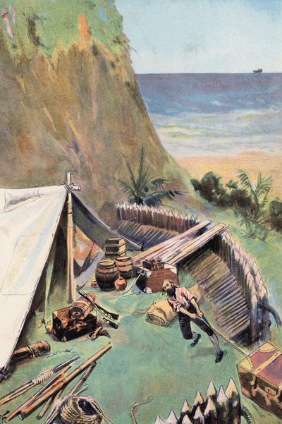 Robinson Crusoe: Jeg samler mine butikker (farve litho) af Joseph (after) Finnemore