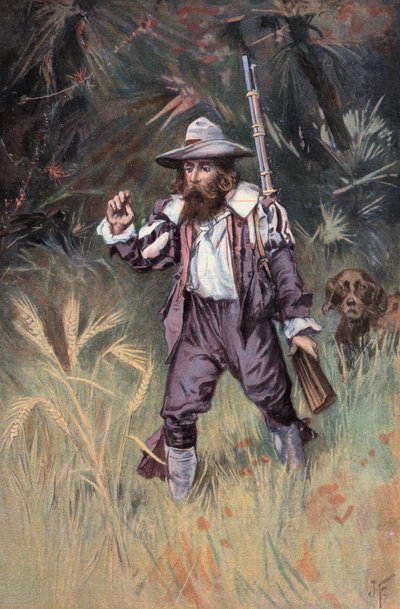 Robinson Crusoe: Jeg finder bygdyrkning (farve litho) af Joseph (after) Finnemore