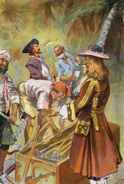 Robinson Crusoe: Jeg gav hver mand en gravespade (farve litho) af Joseph (after) Finnemore