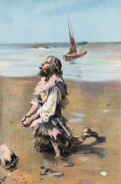 Robinson Crusoe: Jeg takker for min udfrielse (farve litho) af Joseph (after) Finnemore