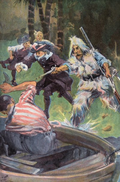 Robinson Crusoe: Vi opfordrer ham til at give efter (farve litho) af Joseph (after) Finnemore