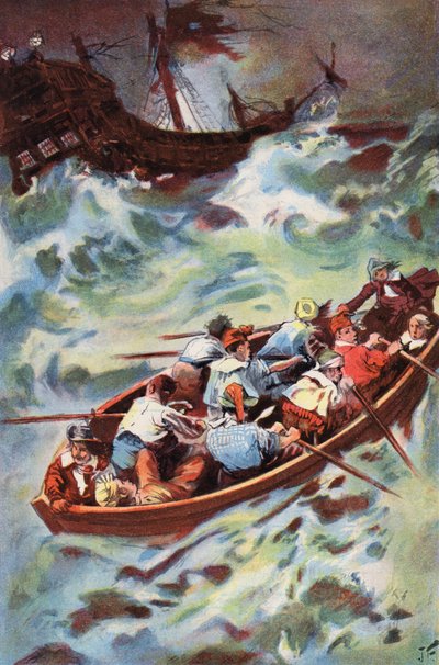 Robinson Crusoe: Vi forlader vraget (farve litho) af Joseph (after) Finnemore