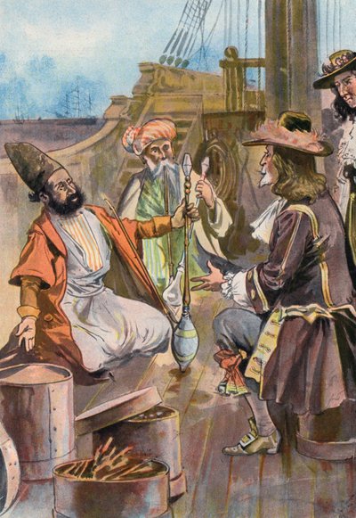Robinson Crusoe: Vi sælger vores krydderi til persiske købmænd (farve litho) af Joseph (after) Finnemore