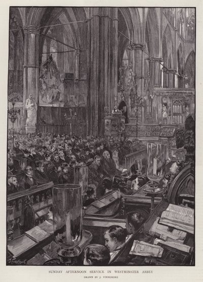 Søndag eftermiddags gudstjeneste i Westminster Abbey, London (litho) af Joseph (after) Finnemore