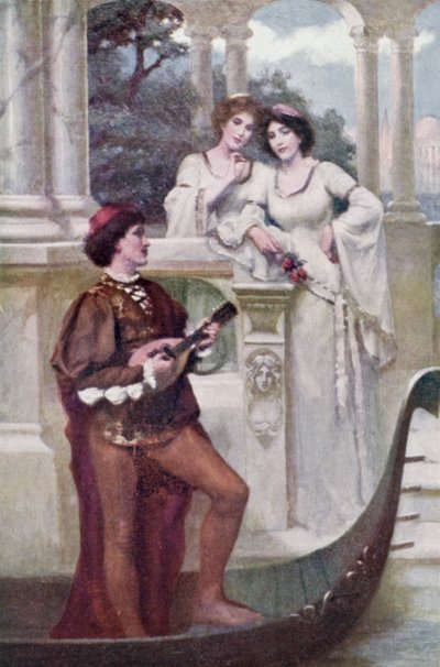Ung mand spiller musik for to piger (farve litho) af Joseph (after) Finnemore