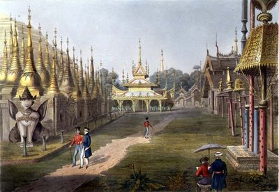 Scene på terrassen ved den store Dagon-pagode i Rangoon med udsigt mod nord, plade 5 fra "Rangoon Views", graveret af George Hunt af Joseph (after) Moore