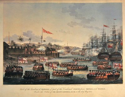 Udsigt over landingen ved Rangoon af en del af de kombinerede styrker fra Bengal og Madras, under ordre fra Sir Archibald Campbell, den 11. maj 1825, indgraveret af Henry Pyall (1795-1833) 1825 (håndfarvet akvatint) af Joseph (after) Moore