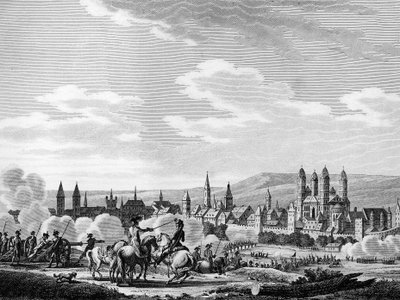 Fransk revolution og preussisk antirevolutionær bevægelse: Erobringen af byen Speyer (tyske Speyer) i oktober 1792, Tyskland. Stik af Berthaut efter Swebach. Paris, bibliotek for Institut for Revolutionshistorie af Joseph (after) Swebach Desfontaines