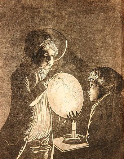 Two Boys Blowing a Bladder by Candlelight, akvatinteret af Peter Perez Burdett (1735-93) (akvatint) af Joseph (after) Wright of Derby
