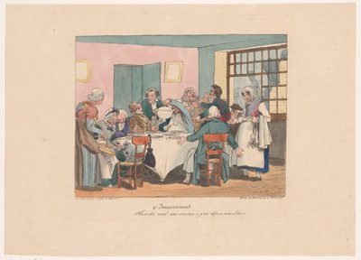 Gezelschap aan tafel aan het fasten Laver du sjov? Vi har fastet siden i forgårs (titel på objekt) Ongemakken (serietitel) Ulempe (serietitel på objekt) af Joseph Ambroise Jobard