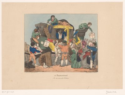 Passagerer går fra en omnibus efter hjemrejse Les douceurs du retour (titel på objekt) Ubehag (serietitel) Upraktisk (serietitel på objekt) af Joseph Ambroise Jobard
