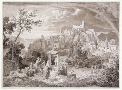 Udsigt over byen Olevano, provinsen Rom, Italien, med regnbuen af Joseph Anton Koch