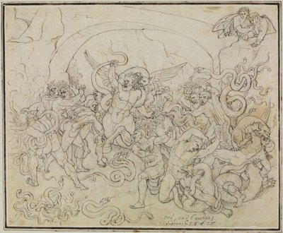 Tyvenes straf i slangernes og dragernes dal (Dantes Inferno, sang 25, V 17) af Joseph Anton Koch