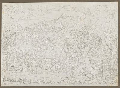 Grindelwald-gletsjeren med jæger og bondepige i forgrunden, ca. 1823. af Joseph Anton Koch