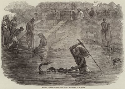 Hindu-badende i floden Jumna overrasket af en slange af Joseph Austin Benwell