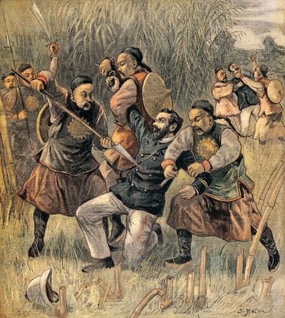 To franske officerer dræbt i Quang - Tcheou - Wan, december 1899, i begyndelsen af bokseroprøret. Kina af Joseph Belon