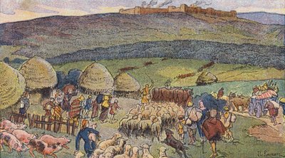 Bibracte, en by i Gallien beboet af smede og et tilflugtssted i tider med fare (farve litho) af Joseph Beuzon