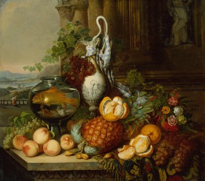 Stilleben med frugt, fiskeskål og landskab af Joseph Biays Ord