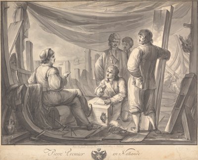 Pierre Premier en Hollande: Scene inde i skib med Peter den Store, tager notater, om skibsbygning af Joseph Cartwright