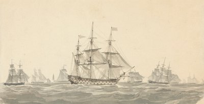 Sidebillede af slagskib omgivet af adskillige andre i tungt hav af Joseph Cartwright