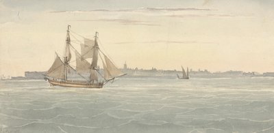 Enkelt brig (?) Endnu et sejlskib mod omrids af byen på baggrund af Joseph Cartwright