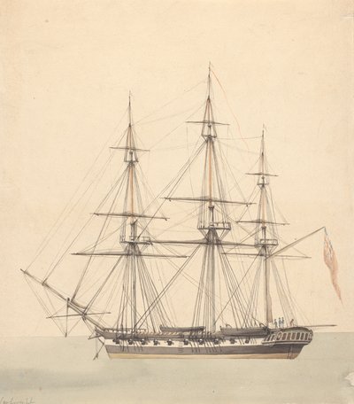 Enkelt korvet (?) med tre figurer i flådeuniformer og Union Jack af Joseph Cartwright