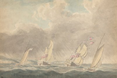 To Krigsslupper, en Bark og en Skonnert (?), Sterns Forward, in Heavy Sea; Flere sejlfartøjer i baggrunden af Joseph Cartwright