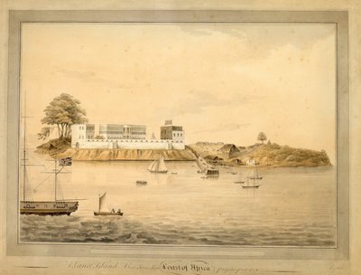 Udsigt over Bance Island, Sierra Leone, Afrika, ca. 1805 (akvarel) af Joseph Corry