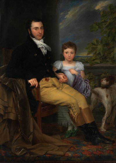Portræt af en fremtrædende herre med sin datter og en jagthund (olie på lærred) af Joseph Denis Odevaere