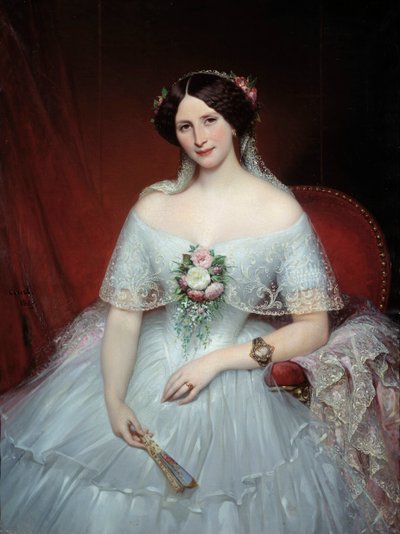 Portræt af Madame Pouchet Hun er hustru til lægen Archimede Pouchet, ven af Gustave Flaubert. Maleri af Joseph Court (1797-1865) 1849 søn. 0,97x1,3 m Rouen, musee des Beaux Arts - Portræt af Madame Pouchet, kone til lægen Archimede Pouchet af Joseph Desire Court