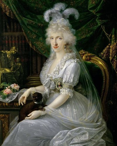 Tysk: Marie Luise (Ludovica) af Napoli-Sicilien (1773-1802), hustru til Ferdinand III af Toscana, siddende ved et bord, knælangt portræt af Luisa Maria Amelia Teresa af Napoli og Sicilien, prinsesse af Napoli og Sicilien (1773-1802), storhertugindegemalind af Joseph Dorffmeister
