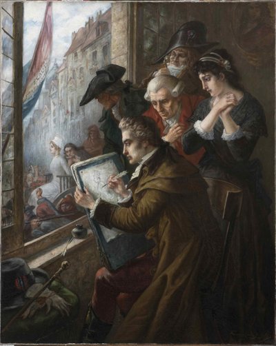 Maleren Jacques-Louis David, der tegner Marie-Antoinette, førte til hendes henrettelse, 1793, 1900. af Joseph Emanuel Van Den Bussche