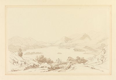 Generel udsigt over Lake of Derwent Water (pen og blæk med wc over grafit på vævet papir) af Joseph Farington