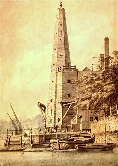 The Old Water Tower at York Buildings, Whitehall, 20. maj 1791 (blæk og vask) af Joseph Farington