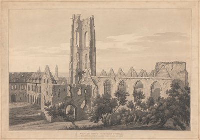 Udsigt over St. Nicholas-kirken i Valenciennes efter belejringen af Joseph Farington