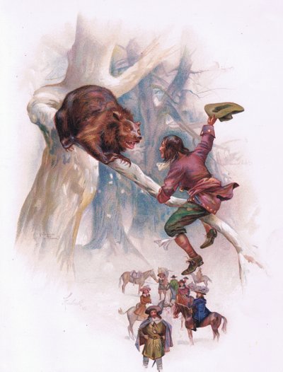 Så han begyndte at hoppe og ryste grenen, hvor bjørnen begyndte at vakle (farve litho) af Joseph Finnemore