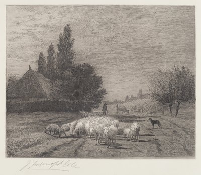 Landsbygade i Frankrig med en flok får af Joseph Foxcroft Cole