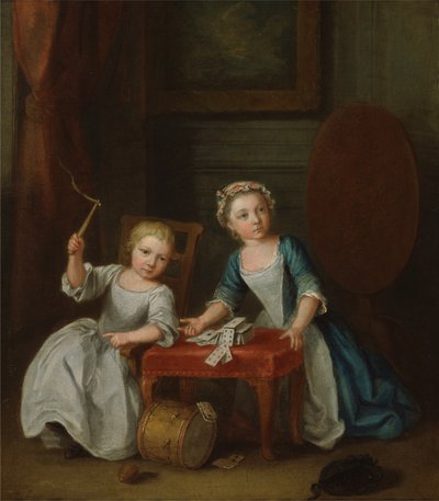 To børn af familien Nollekens, sandsynligvis Jacobus og Maria Sophia, leger med en top og spiller kort, 1745 af Joseph Francis Nollekens