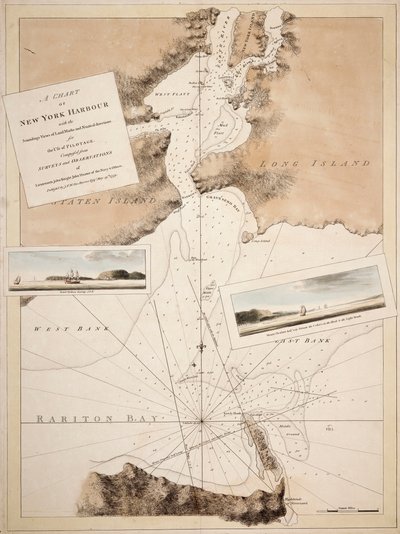 Et kort over New Yorks havn med pejlinger, landmærker og nautiske anvisninger til brug for lodsning. Sammensat ud fra opmålinger og observationer foretaget af løjtnanterne John Knight John Hunter fra flåden og andre. af Joseph Frederick Wallet DesBarres