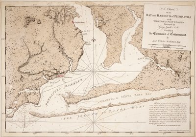 Et kort over bugten og havnen i Pensacola i provinsen West Florida af Joseph Frederick Wallet DesBarres