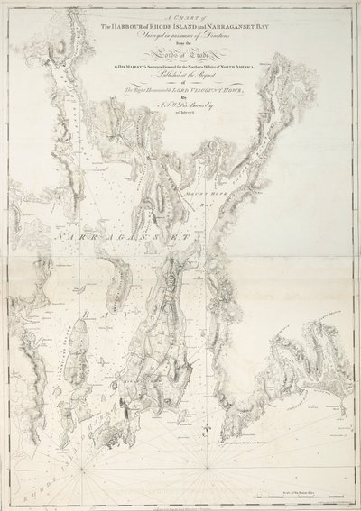 Et kort over havnen i Rhode Island og Narraganset Bay af Joseph Frederick Wallet DesBarres
