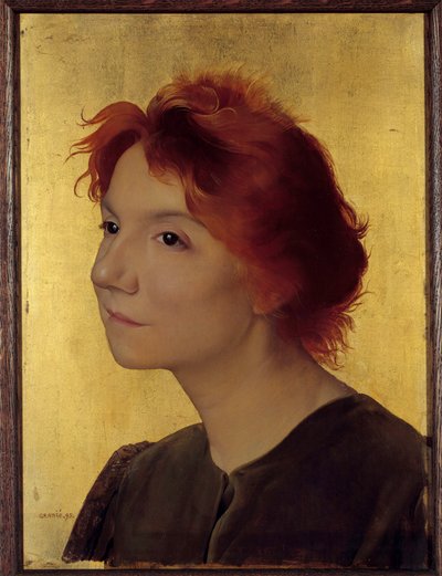 Portræt af Yvette Guilbert (1867-1944) sangerinde. Portræt af en kvinde med rødt hår på en guldbaggrund. Maleri af Joseph Granie (1861-1915) 1895 søn. 0,41x0,31 m Paris, musee d