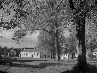 Træer med blade og udsigt til landsbyens bygninger af Joseph Hardman