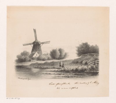 Landskab med mølle og to fiskere af Joseph Hartogensis